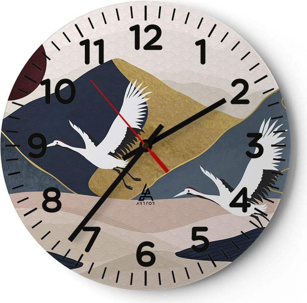 Wanduhr - Rund - Glasuhr - Kraniche Berge Sonne - 40x40cm - Schleichendes Uhrwerk - Lautlos - zum Aufhängen bereit - Dekoration Modern - Wanddekor...