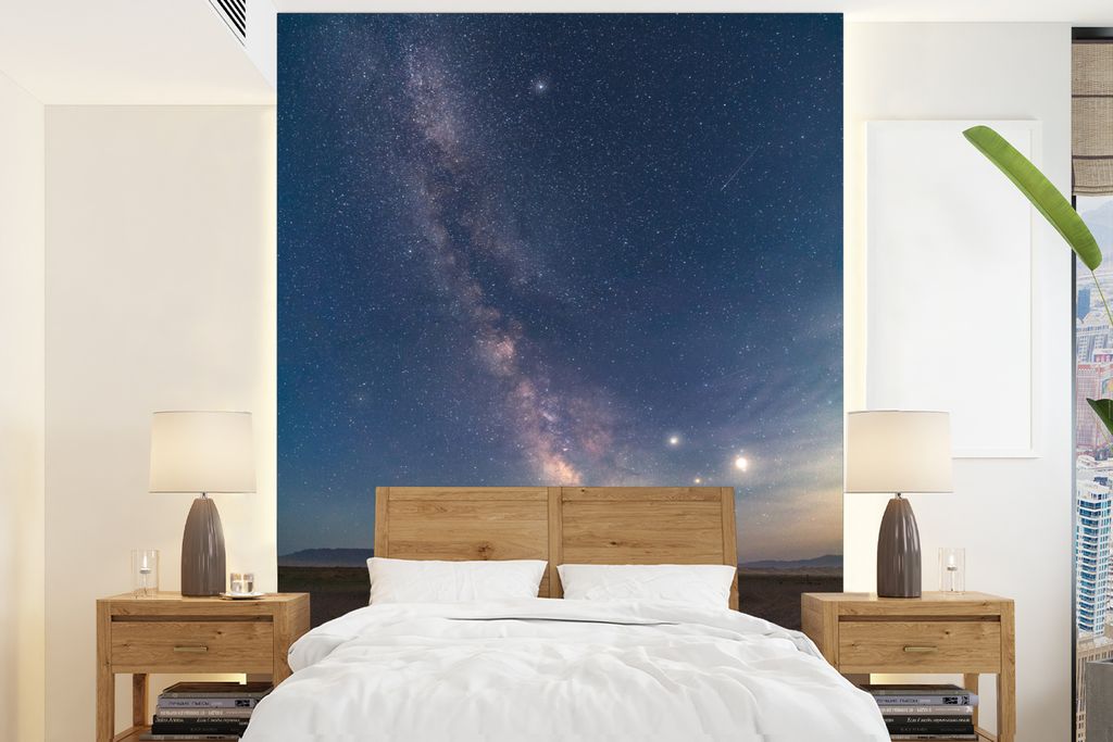 MuchoWow Fototapete für Wohnzimmer oder Schlafzimmer Wandtapete Vinyl Motivtapete Sternenhimmel mit Milchstraße über Jurten in der Wüste Gobi...