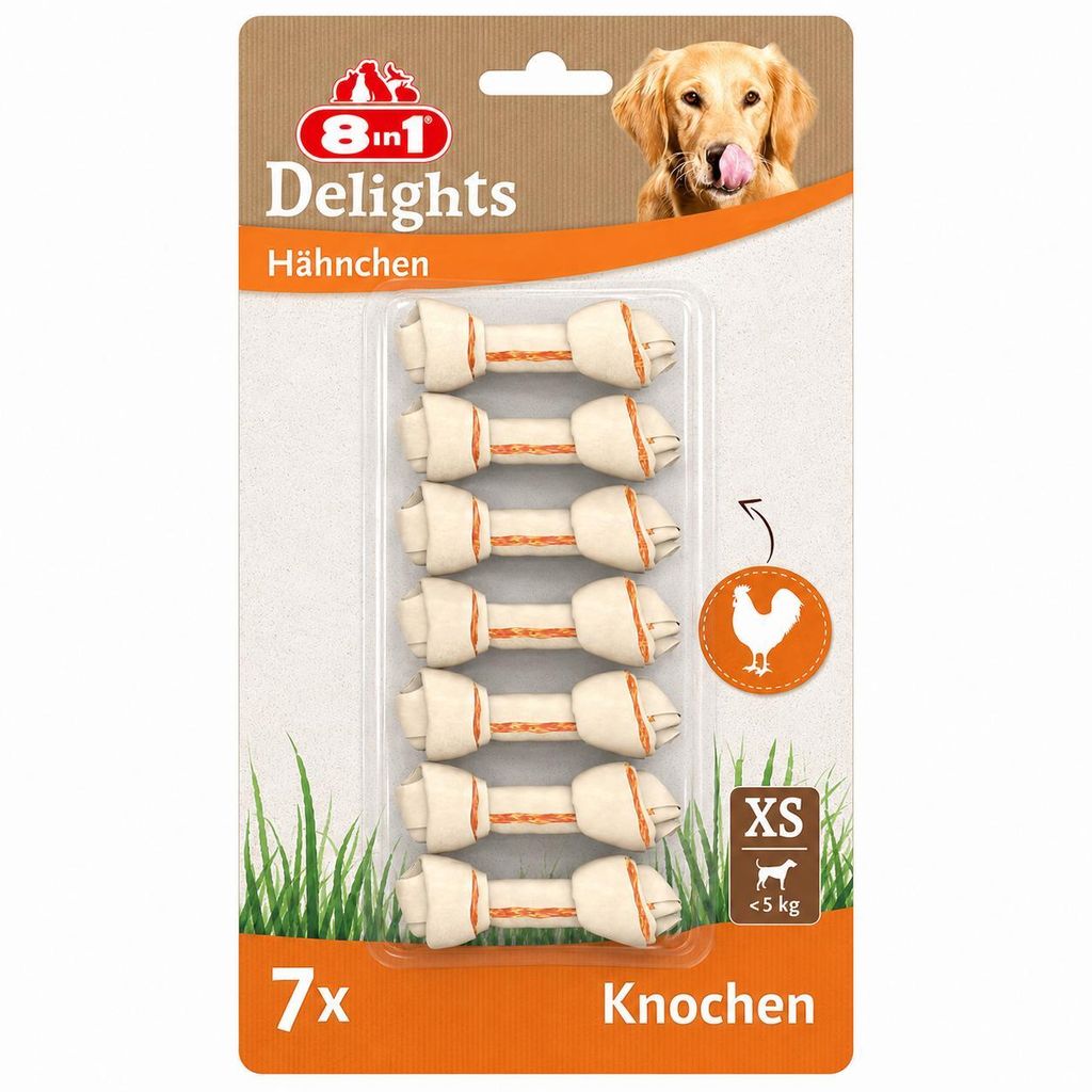 8in1 Delights Chicken Knochen XS - gesunde Kauknochen für mini Hunde, hochwertiges Hähnchenfleisch eingewickelt in Rinderhaut, 7 Stück