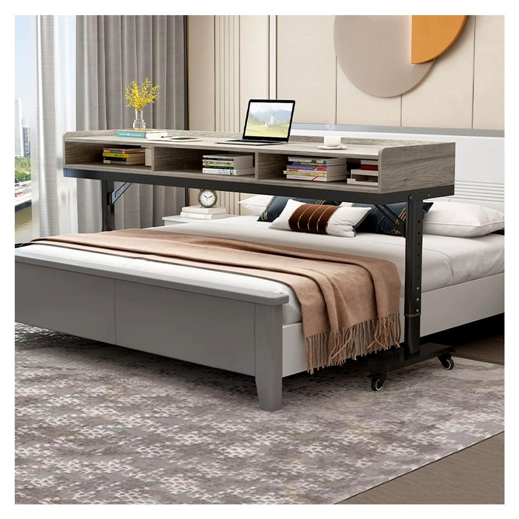 Höhenverstellbarer Schreibtisch mit Schublade, mobiler Bürotisch mit 360°-Rollen, Nachttisch für Zuhause und Krankenhaus (Grau, 150 cm)