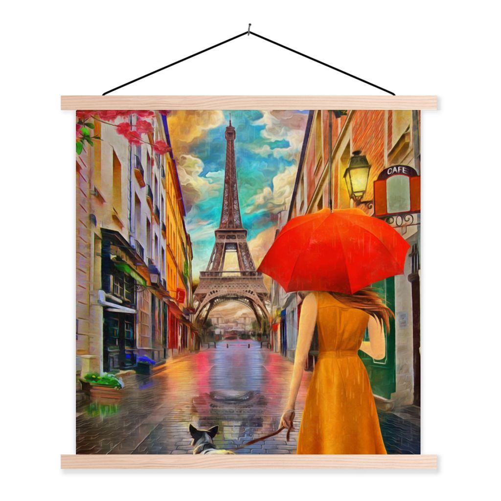 MuchoWow Textilposter Gemälde - Ölfarbe - Frau - Hund - Paris 40x40 cm mit holzfarbenen Rahmen - Posterleiste