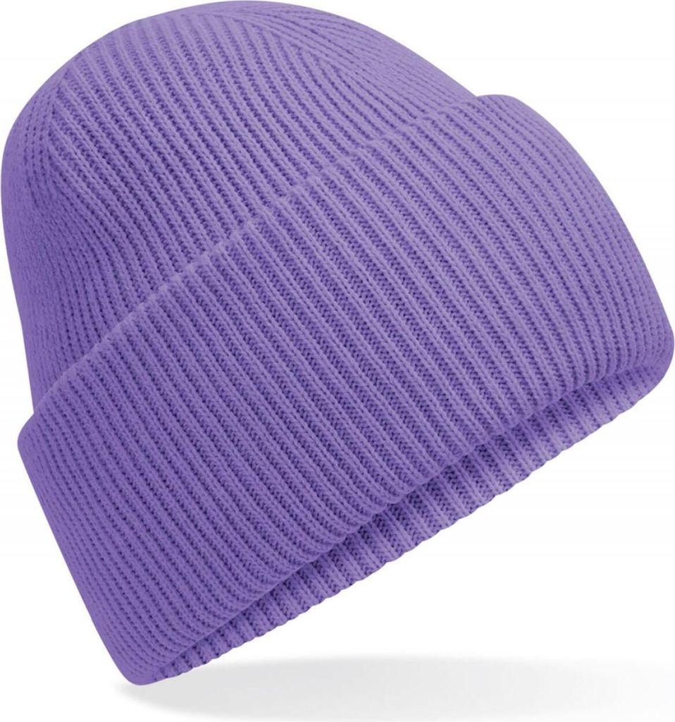 A close-up studio shot of a purple beanie.
