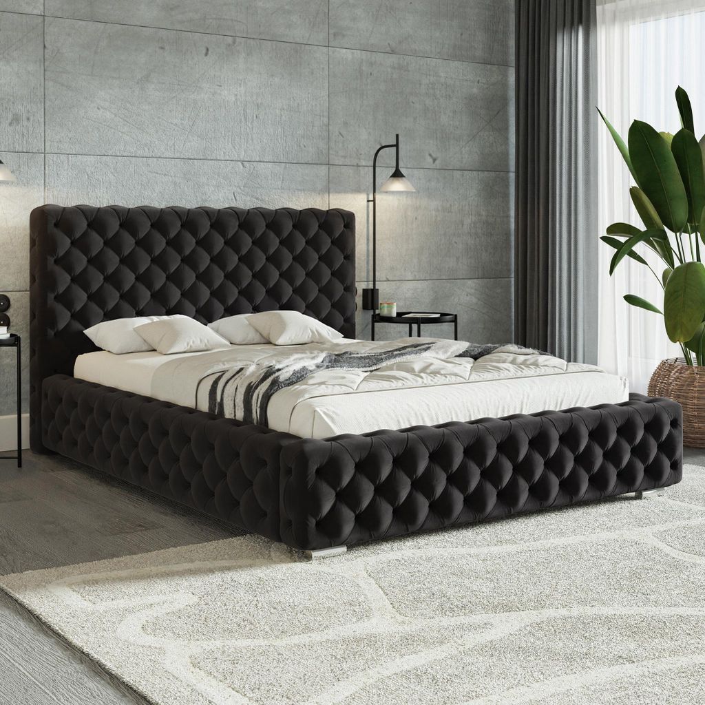 MOTIVENA Dianna Chesterfield Polsterbett 180x200 mit Bettkasten, Metall Lattenrost, Bett 180x200 Schwarz Samt (Amor 22)
