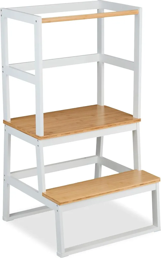 Tour d'apprentissage HBD 93x50 cm en bambou blanc et gris pour cuisine
