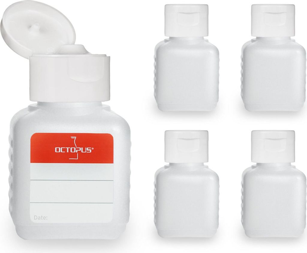5 Plastikflaschen 50 ml eckig aus HDPE, natur, G25, Klappscharnierverschluss aus PP weiss