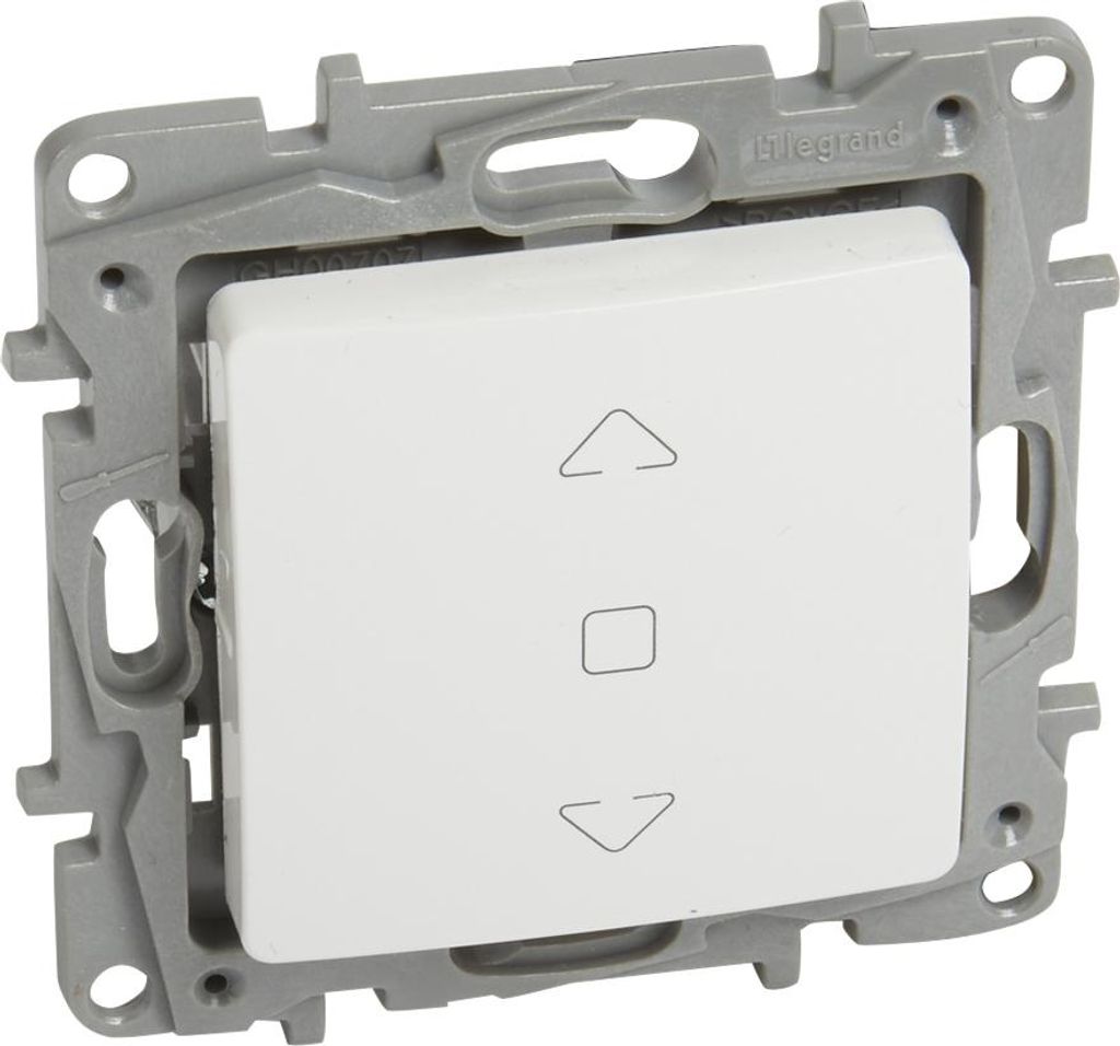 A close-up, angled view of a white electrical switch with three symbols: an upward arrow, a square, and a downward arrow, mounted on a gray plastic frame.