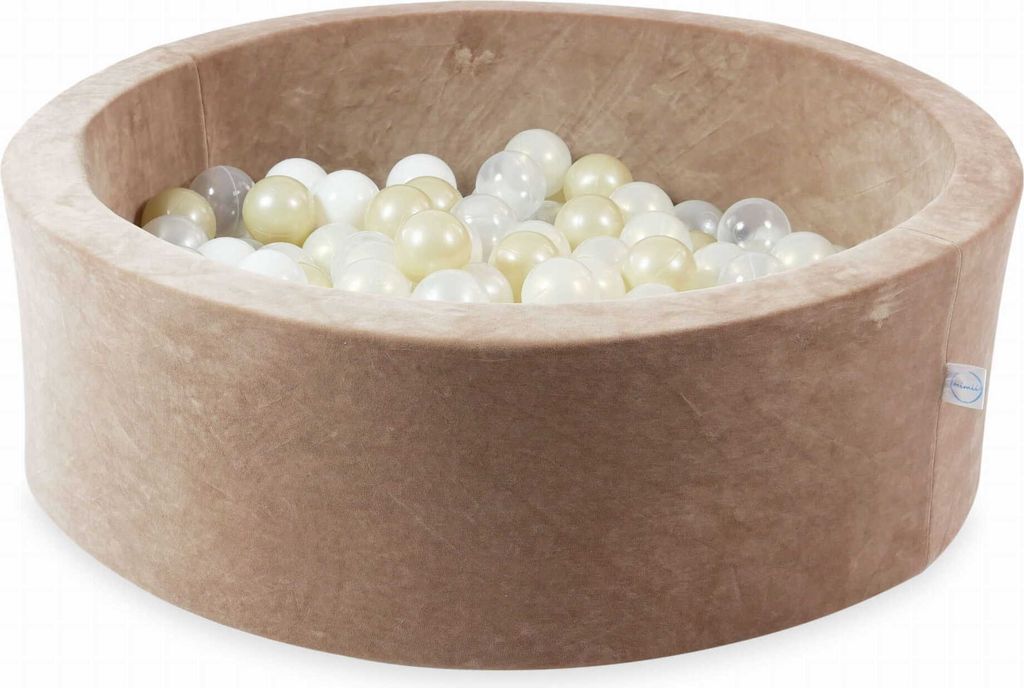 Bällebad 90x30 Samtig weich dunkelbeige – Mit 200 Bällen / transparent, weiß, perlmutt, hellgold, Meerjungfraueneffekt