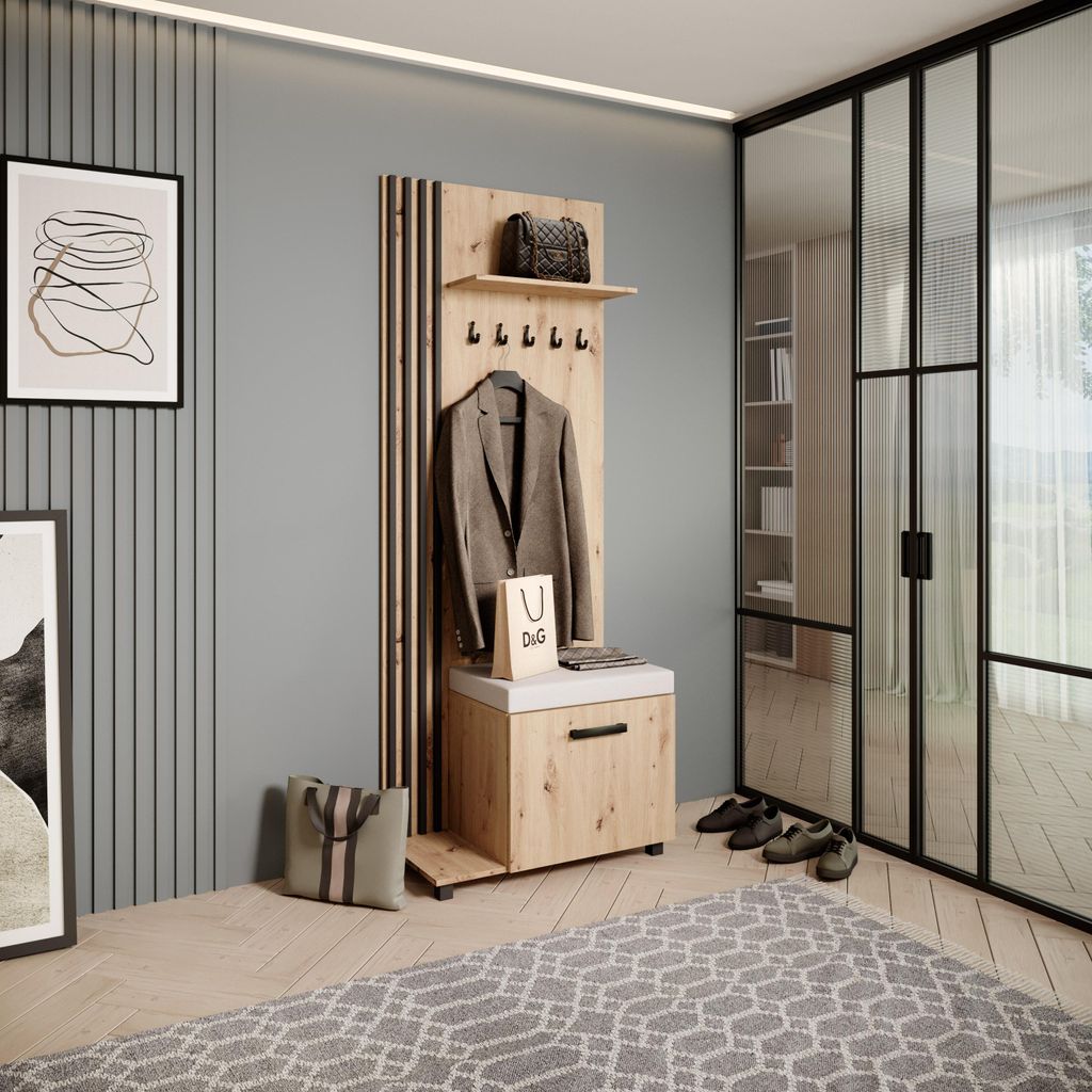Garderobenschrank LIVIA - Hochschrank mit Aufhängern, Schuhschrank, Eiche Artisan, Lamellen in Schwarz, Sitzkissen in Hellbeige, Links