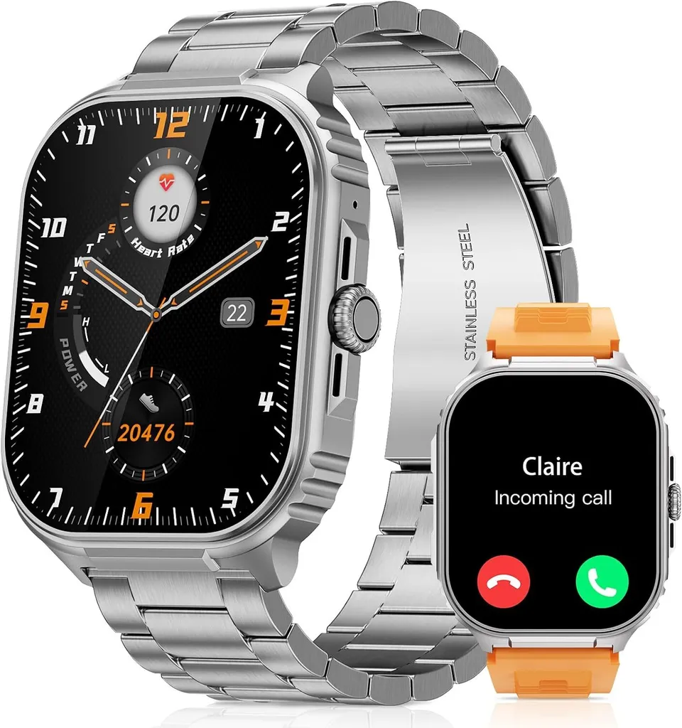 monitor sportivo HD IP68 da 2,01" con risposta alle chiamate/chiamate in entrata, monitoraggio cardiaco/SpO2/Sommeil, tracciamento dell'attività, 110+ modalità sportive per iOS/Android, argento
