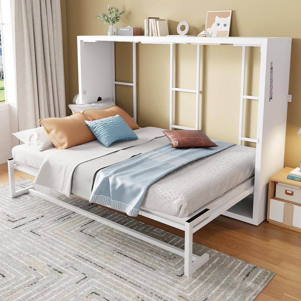 MODFU Wandbett 140 × 200 mit wandklappbares Design,Jugendbett mit Stauraum,Metall-Beistellbetten mit Holzplatte und Matratze,Weiß