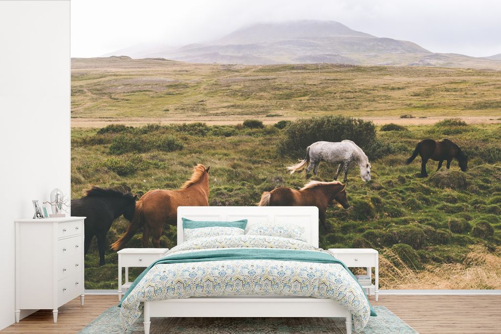MuchoWow Fototapete für Wohnzimmer oder Schlafzimmer Wandtapete Vinyl Motivtapete Pferde - Island - Braun - 420x280 cm - Zimmer für Kinder