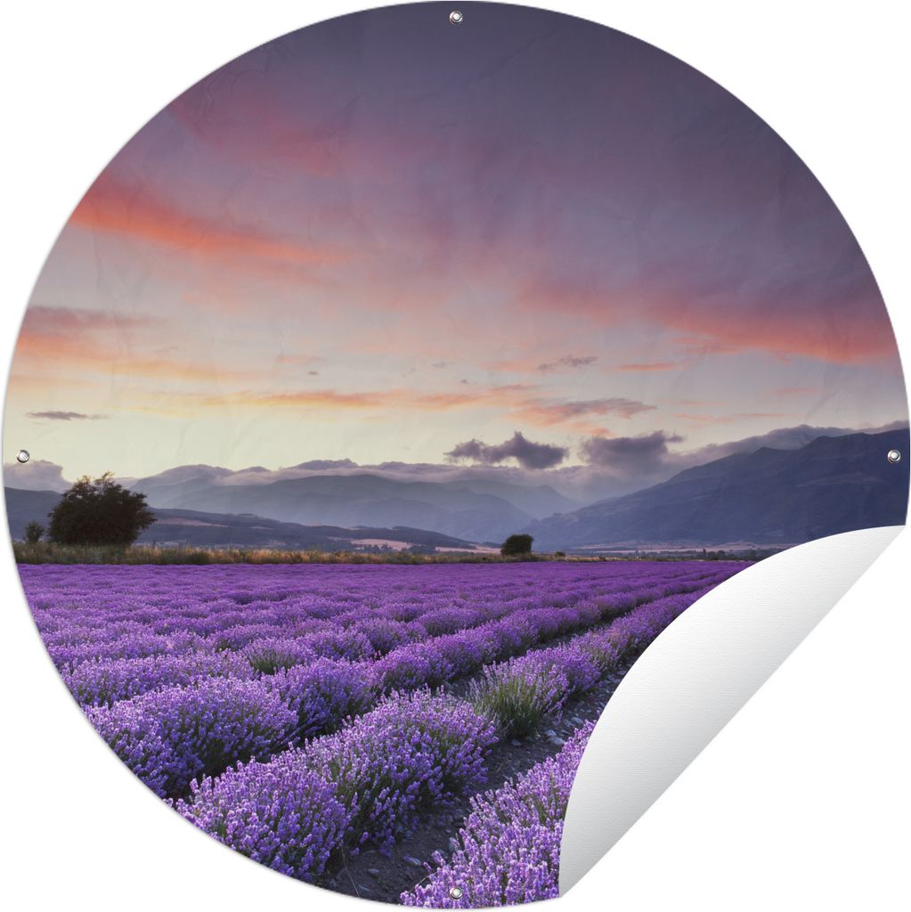 MuchoWow Gartenposter Outdoor-Poster Rund Sonnenuntergang über Lavendel Ø 120 cm Gartendeko Rundes Poster draußen