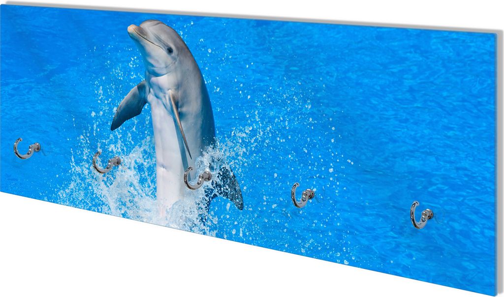 Wallario Flurgarderobe Wandgarderobe aus Glas, mit 5 Haken, Größe 80 x 30 cm, Motiv Fröhlicher Delfin im blauen Wasser