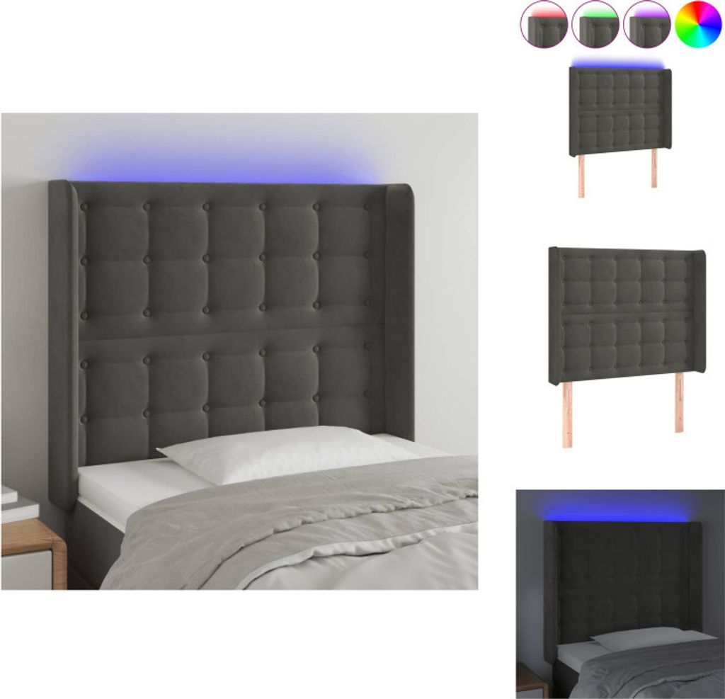 vidaXL LED Kopfteil Dunkelgrau 93x16x118/128 cm Samt - Kopf- & Fußenden