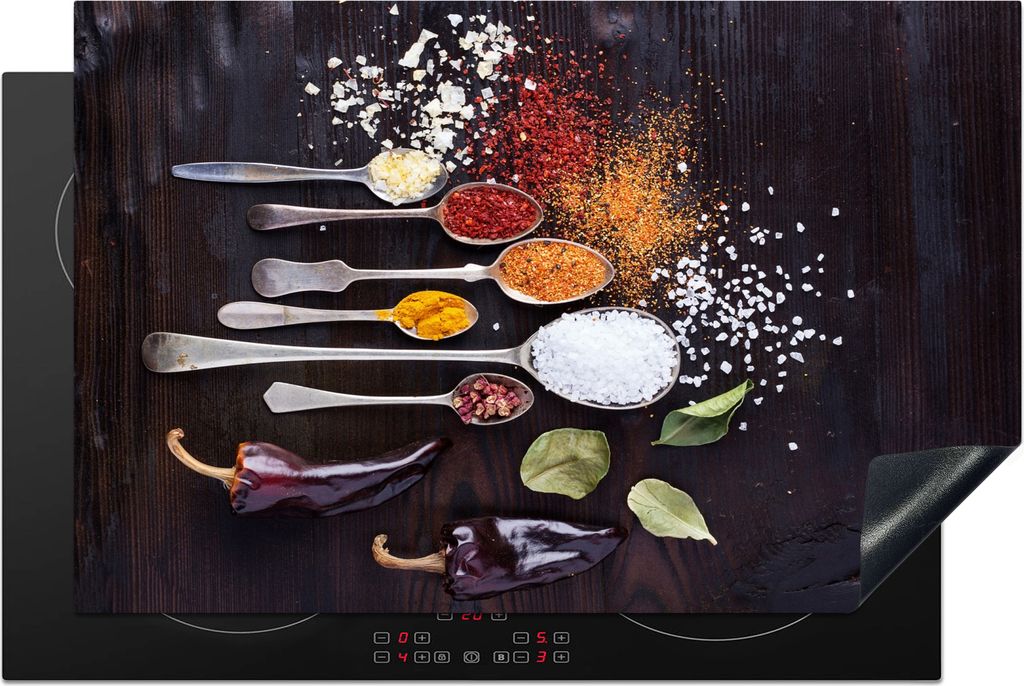 KitchenYeah Herdabdeckplatte Kräuter - Löffel - Gewürze - Industrie , 81x52cm, Küche Deko, Glaskeramikkochfeld Herdabdeckung, Abdeckplatte f...