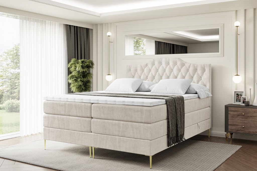 ALTDECOR Boxspringbett mit Gold Füßen, Matratze und Lattenrost, Topper, Polsterbett mit Bettkasten, Bett mit Stauraum H3- und H4- Matratze, Doppe...