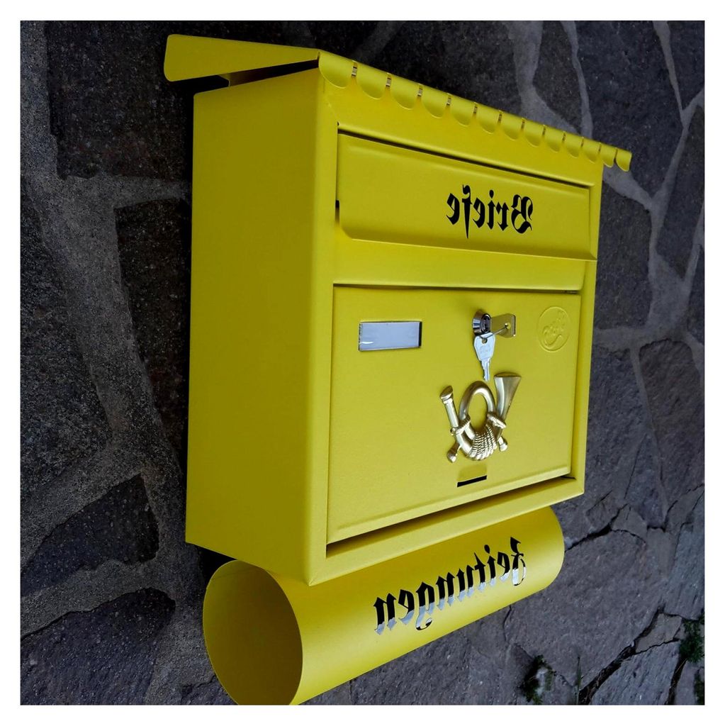 Großer Briefkasten/Postkasten XXL Gelb matt mit Zeitungsrolle und Flachdach