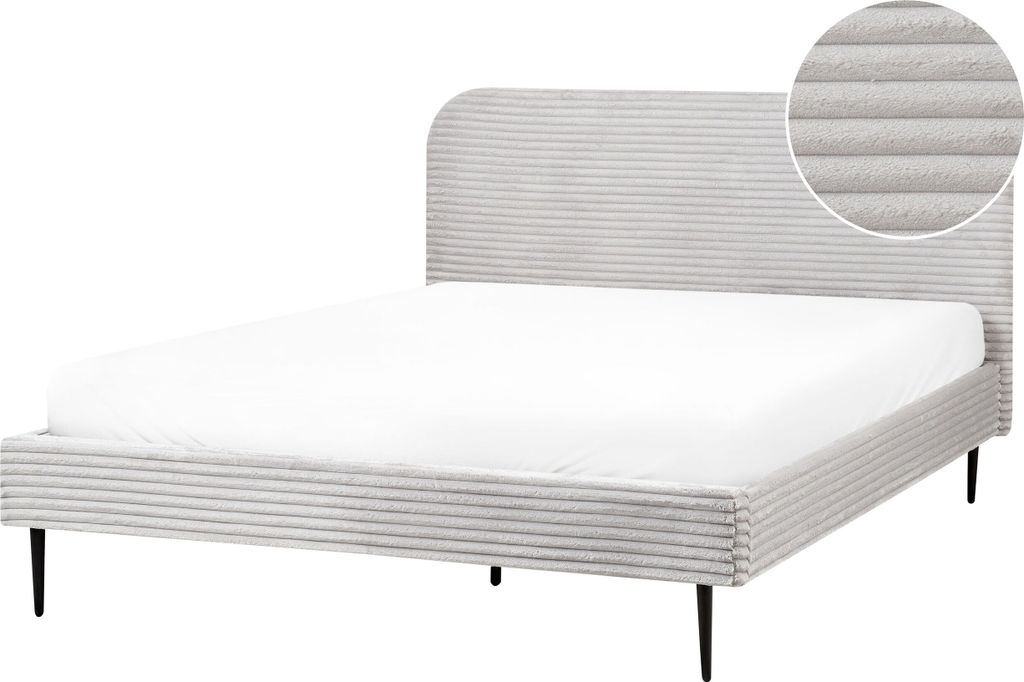 BELIANI Bett Hellgrau Cord mit Lattenrost 160 x 200 cm Metallfüße Schwarz Hohes Kopfteil Retro Modern Polsterbett Doppelbett Schlafzimmer