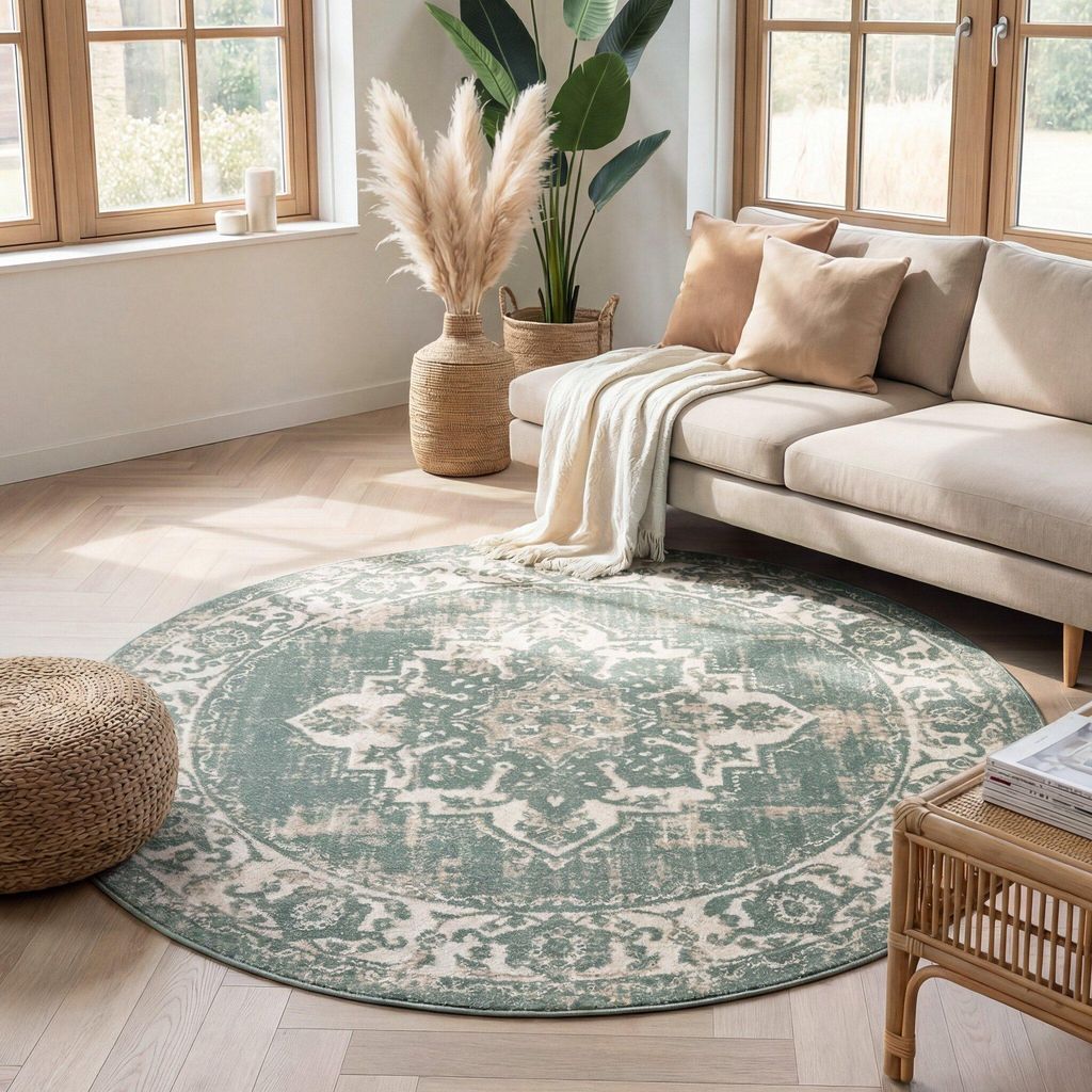 Volero - Teppich Vintage Rund - Spring Medaillon Grün Creme - Ø 160 cm - Wohnzimmer, Esszimmer, Schlafzimmer - Boho, Klassik, Ländlich, Orienta...