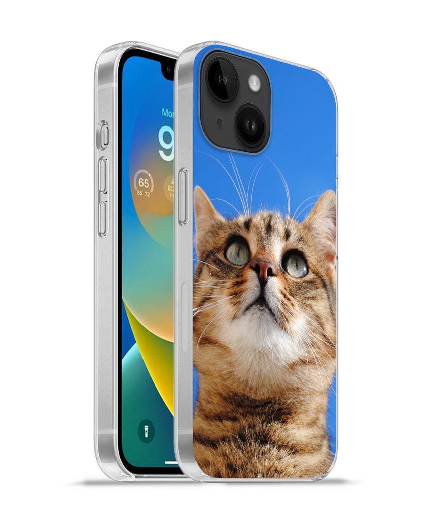 MuchoWow Handyhülle Schutzhülle Hülle für Apple iPhone 14 - Softcase Katze - Braun - Luft - Mädchen - Jungen - Kinder Silikon Softcase Handy...