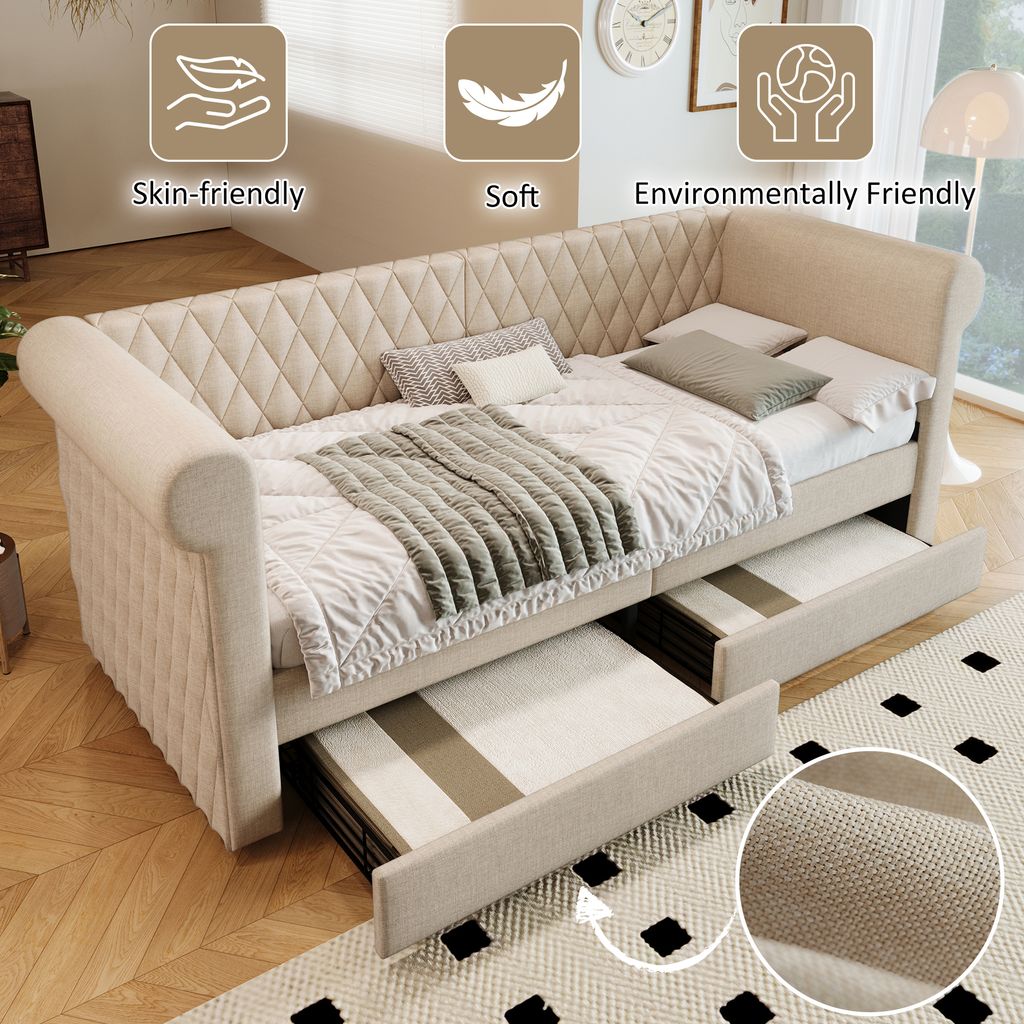 MODFU Daybett,Schlafsofa 90x200 cm, kinderbett mit 2 Stauraum Schubladen, Jugendbett Bettgestell mit Lattenrost aus Holz, Mit Matratze,Beige