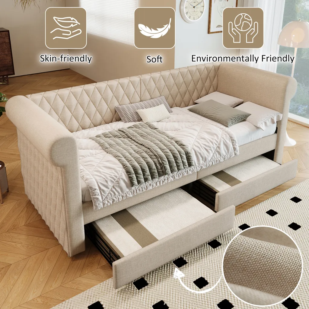 Lit Banquette Rangement 90x200 cm : Solution Gain de Place en Lin Beige