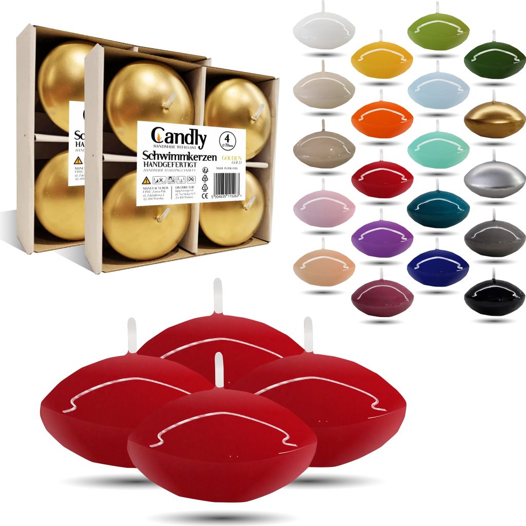 CANDLY HANDMADE 4x Groß Schwimmkerzen Premium Ø 70mm | Valentinstag, Ostern, Weihnachten, Dekoration, Candles, Kerzen für Damen (Rot)