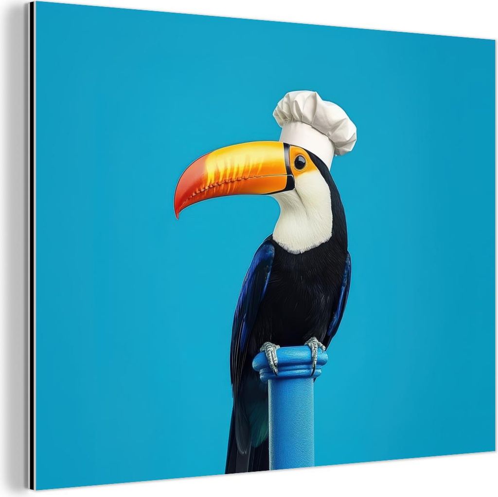 MuchoWow Wanddekoration Metall Metallbild Wandkunst 40x30 cm Tucan - Sockel - Vogel - Kochmütze MuchoWow Aluminium Gemälde - Dekoration Wohnzimmer