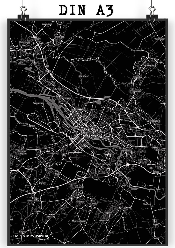 Mr. & Mrs. Panda Bild Bremen DIN A3 - Geschenk, Stadt Dorf Karte Landkarte Map Stadtplan, Plakat, wanddeko, Kunstdruck, drucke, Wandbild