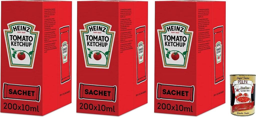 3x Heinz Tomato Ketchup Sachet,Jede Packung enthält 200 Einzeldosisbeutel à 10ml + e Italian Gourmet Polpa di Pomodoro 400g Dose
