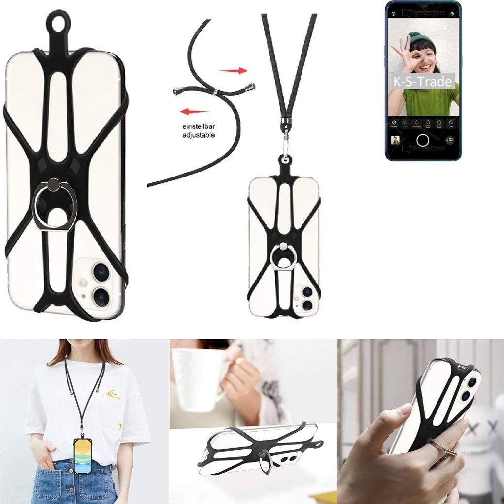 K-S-Trade 3in1 Handykette Handyband Handykordel Halsband Smartphone-Ring Handy-Ring kompatibel mit Oppo Reno A Fingerhalterung Handyring Tischständer