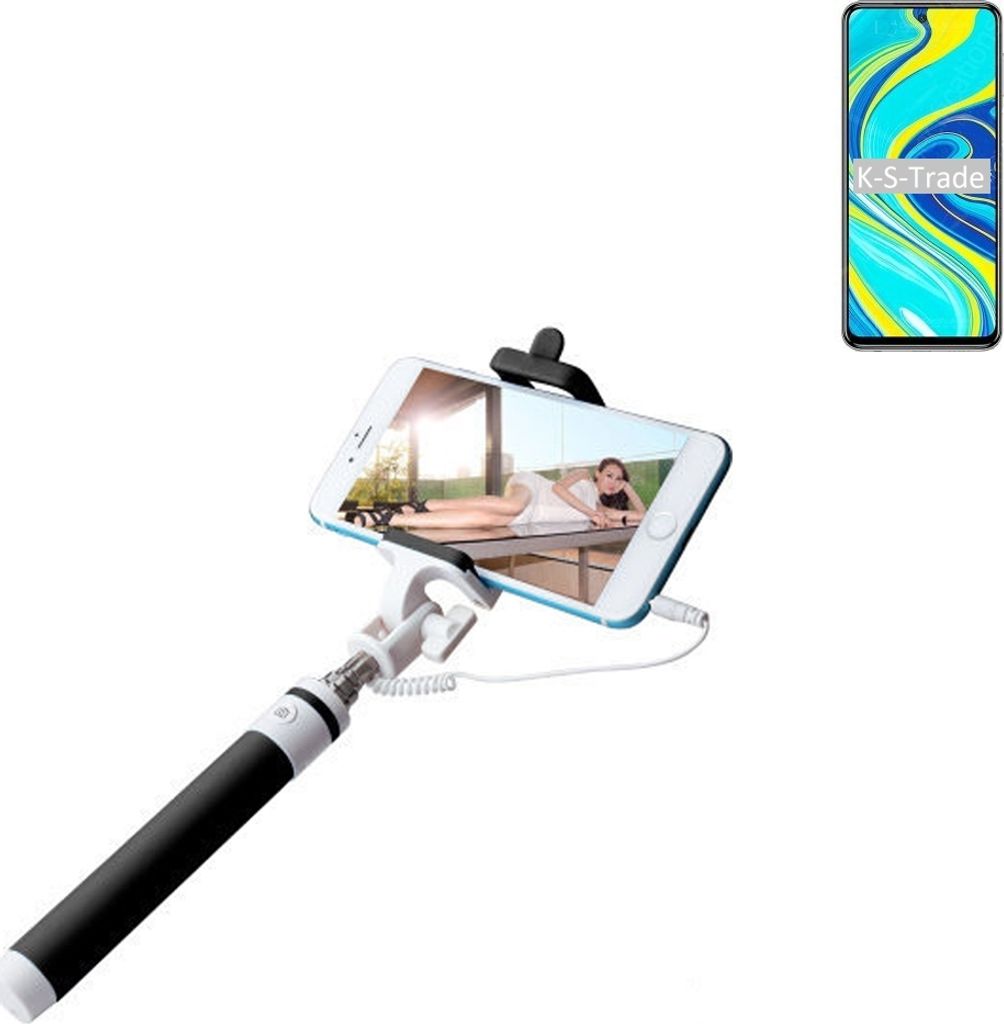 K-S-Trade Selfie Stick kompatibel mit Xiaomi Redmi Note 9 Pro Selfiestick kabelgebunden Monopod mit Kabel Stab Stange Selfportrait Handheldstick