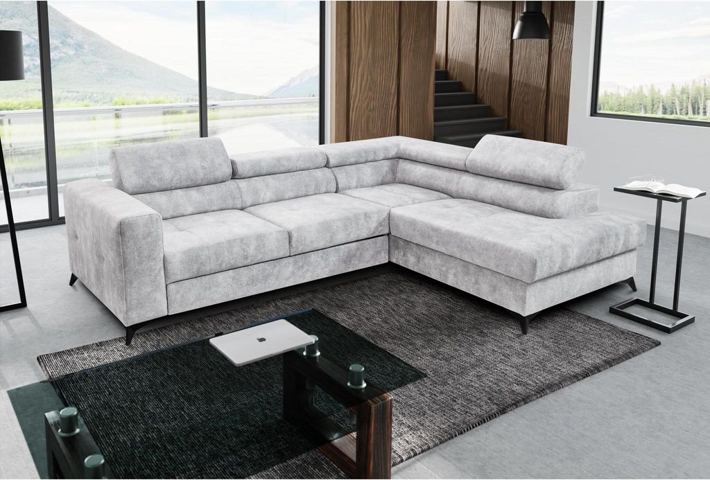 L-Form Polsterecke Sorento L Schlafecke mit Bettkasten modernes Corner Sofa mit Kopfstützen, Stoff: sally 07 - silber, Ottomane: rechts