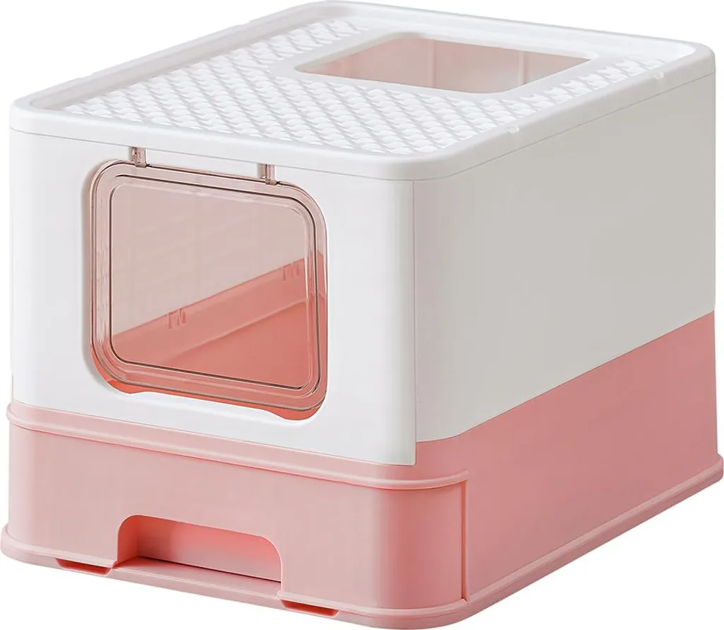 Bac à litière spacieux anti-projections blanc et rose pastel avec pelle