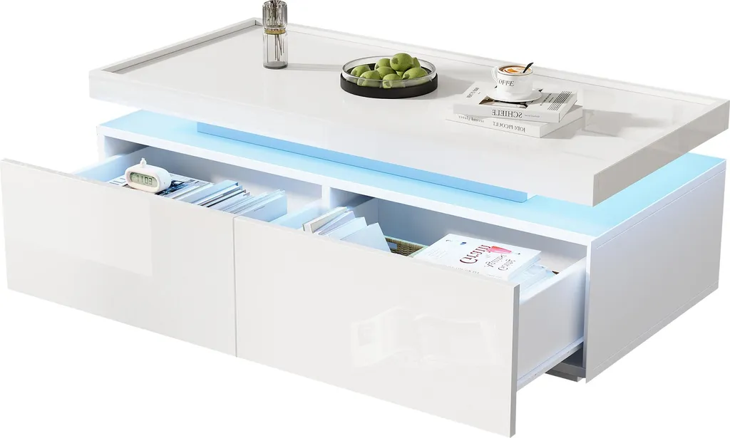 Table basse avec rangement 2 tiroirs LED pour petit salon blanc moderne