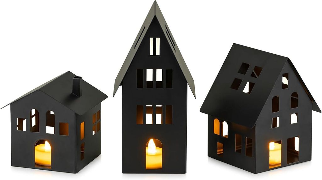 Set aus 3 LED-Laternen in Hausform LED-Teelichthalter Deko Produktbild 