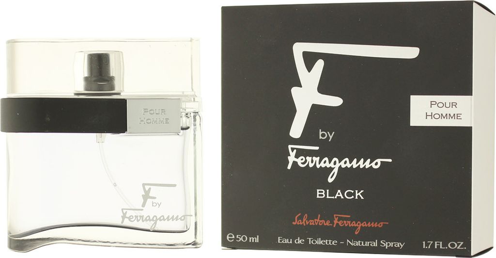 A bottle of F by Ferragamo Black eau de toilette for men and its packaging are displayed side-by-side against a white background.