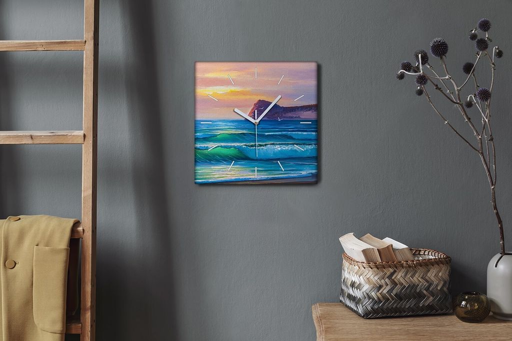 Coloray Hodiny Unikátní 30x30 cm Tiché hodiny Pro obývací pokoj a kuchyň Nástěnné hodiny Plátno Bílé ručičky hodin - Vlny přírody ...