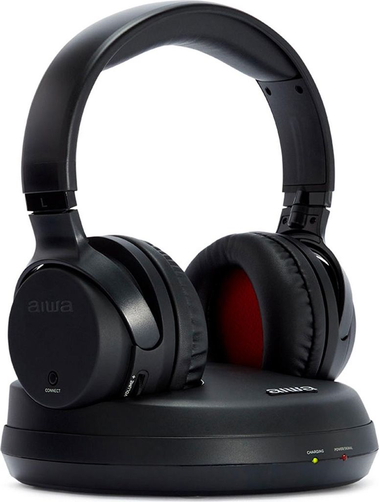 A pair of black wireless headphones and their charging dock are shown against a white background.