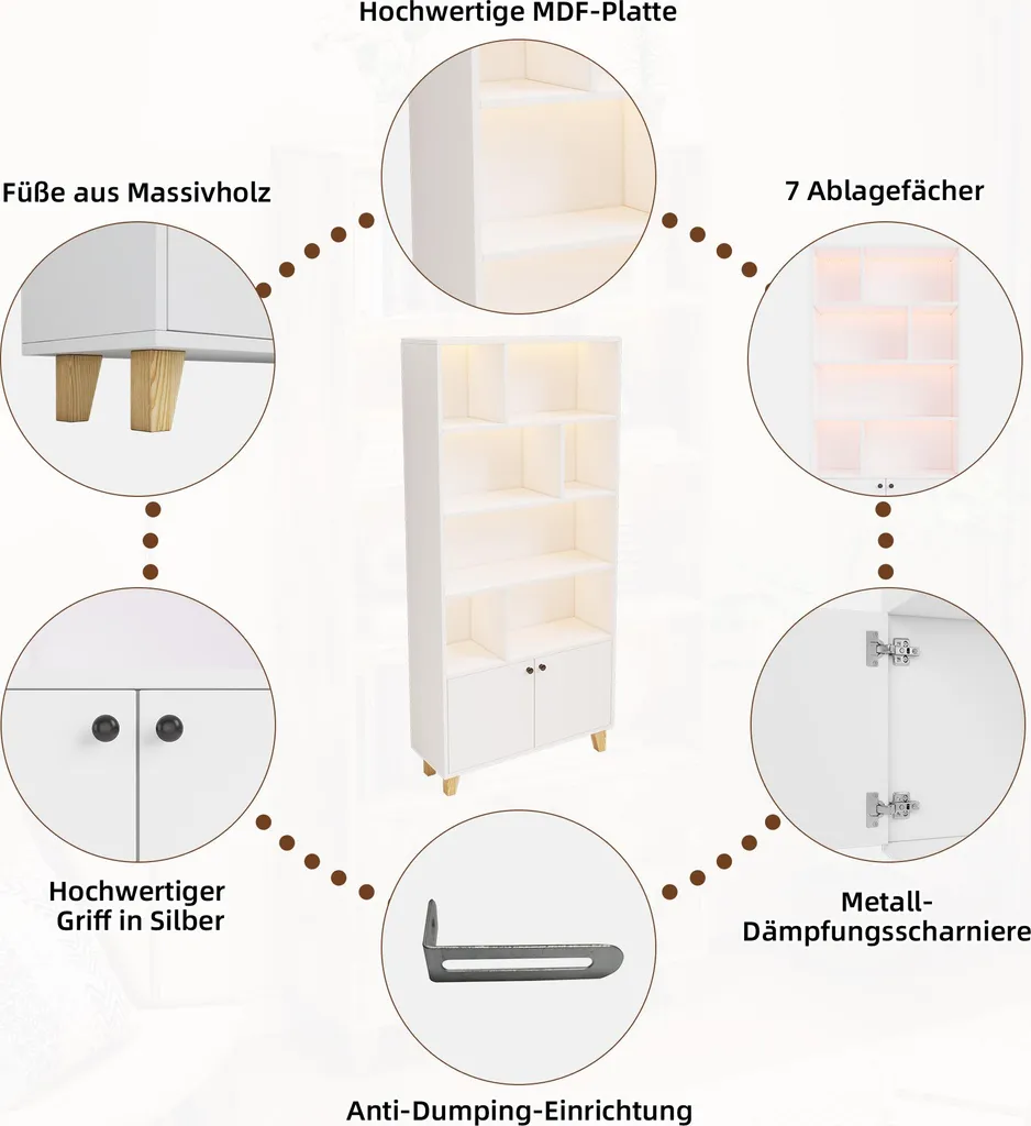 Bibliothèque LED avec Télécommande et Compartiments, Style Blanc Épuré - 7