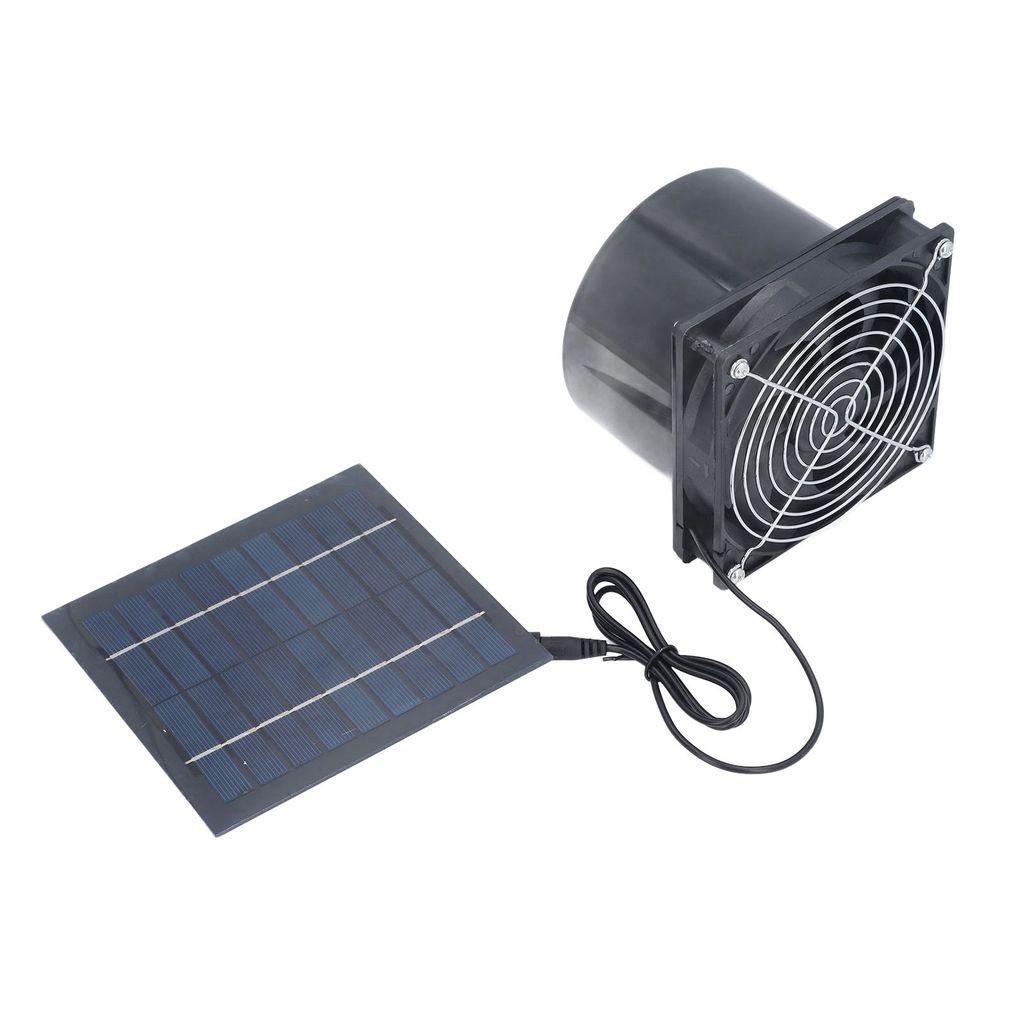 A solar panel is connected to a black fan with a silver grille. The fan is cylindrical with a square base.