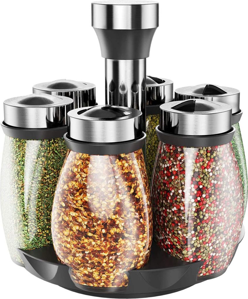 Gewürzkarussell Drehbar, Edelstahl Einstellbare Streuen Größe mit 6 Gewürzdosen