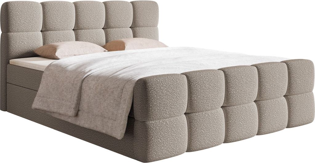 Selsey Cloudy - Boxbett 180x200 mit Bettkästen, Matratze, Topper, Bouclé-Bezug, graubeige