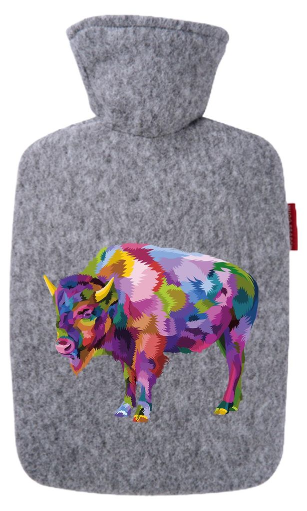 Huuraa Wärmflasche Bison Colorful 1,8 Liter Filz Classic Filzbezug Bettflasche Geschenkidee