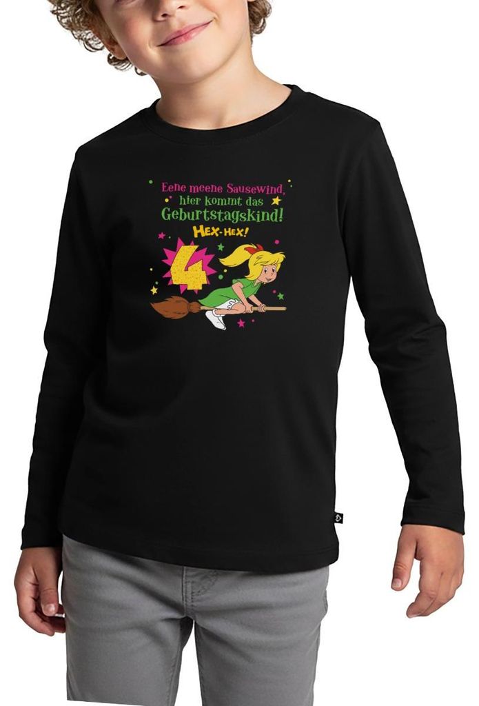 Spreadshirt Bibi Blocksberg Geburtstagsdesign 4 Jahre Kinder Premium Langarmshirt, 122/128 (6 Jahre), Schwarz