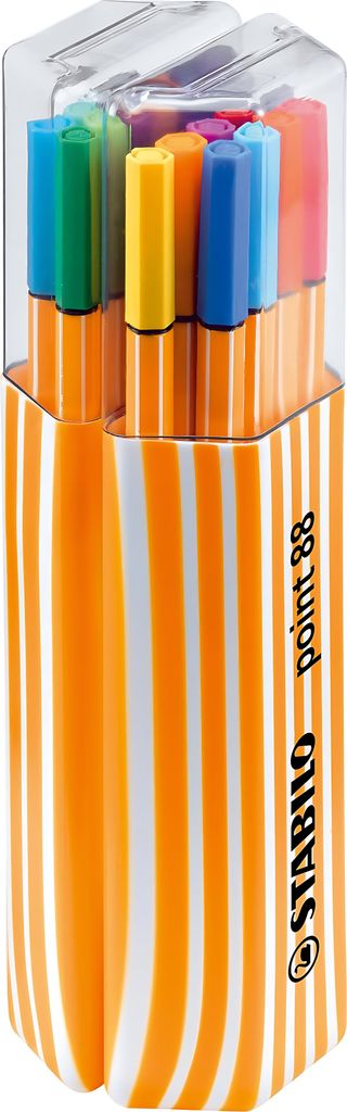 A set of STABILO point 88 fineliner pens in a striped orange and white container.