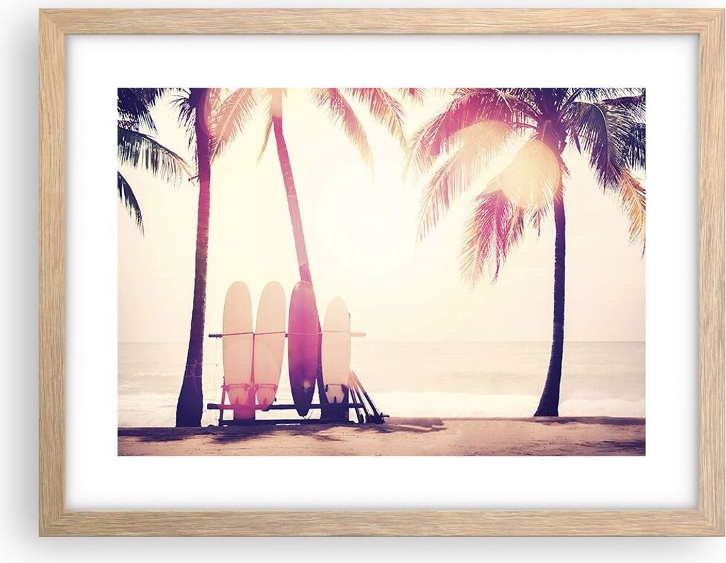 Gerahmtes Poster - Rahmen in heller Eiche - Fackel Strand Surfen - 40x30 cm - Wand Bild - Wanddeko - Wandbilder - Kunstposter - Wandposter - Bilder...