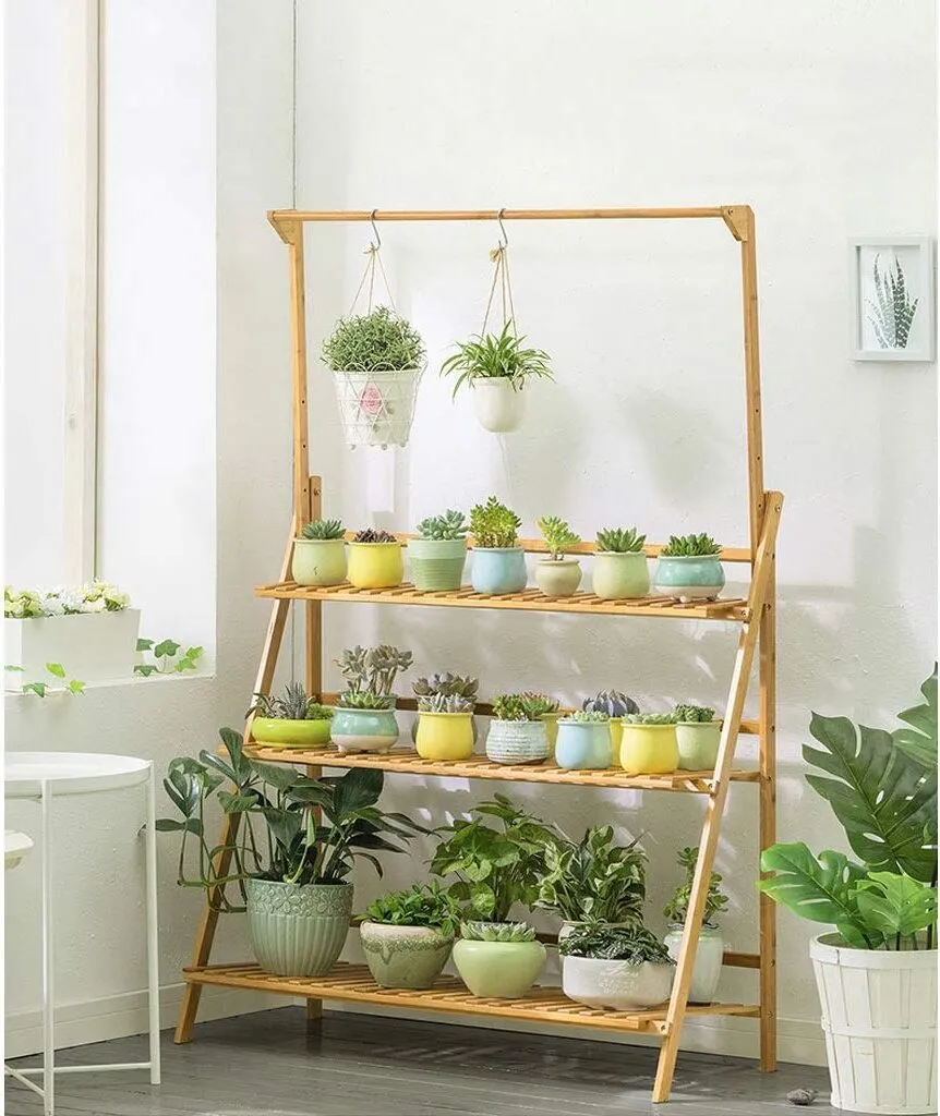 Escalier pour fleurs en bambou naturel - Étagère plantes 3 niveaux 100cm
