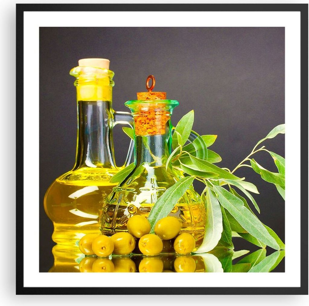 Gerahmtes Poster - Schwarzer Rahmen - Flasche Glas Olive Öl - 60x60 cm - Wand Bild - Wanddeko - Wandbilder - Kunstposter - Wandposter - Bilderrahm...