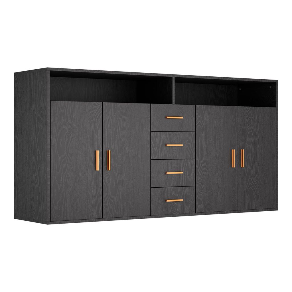 A modern black sideboard with gold handles against a white background.